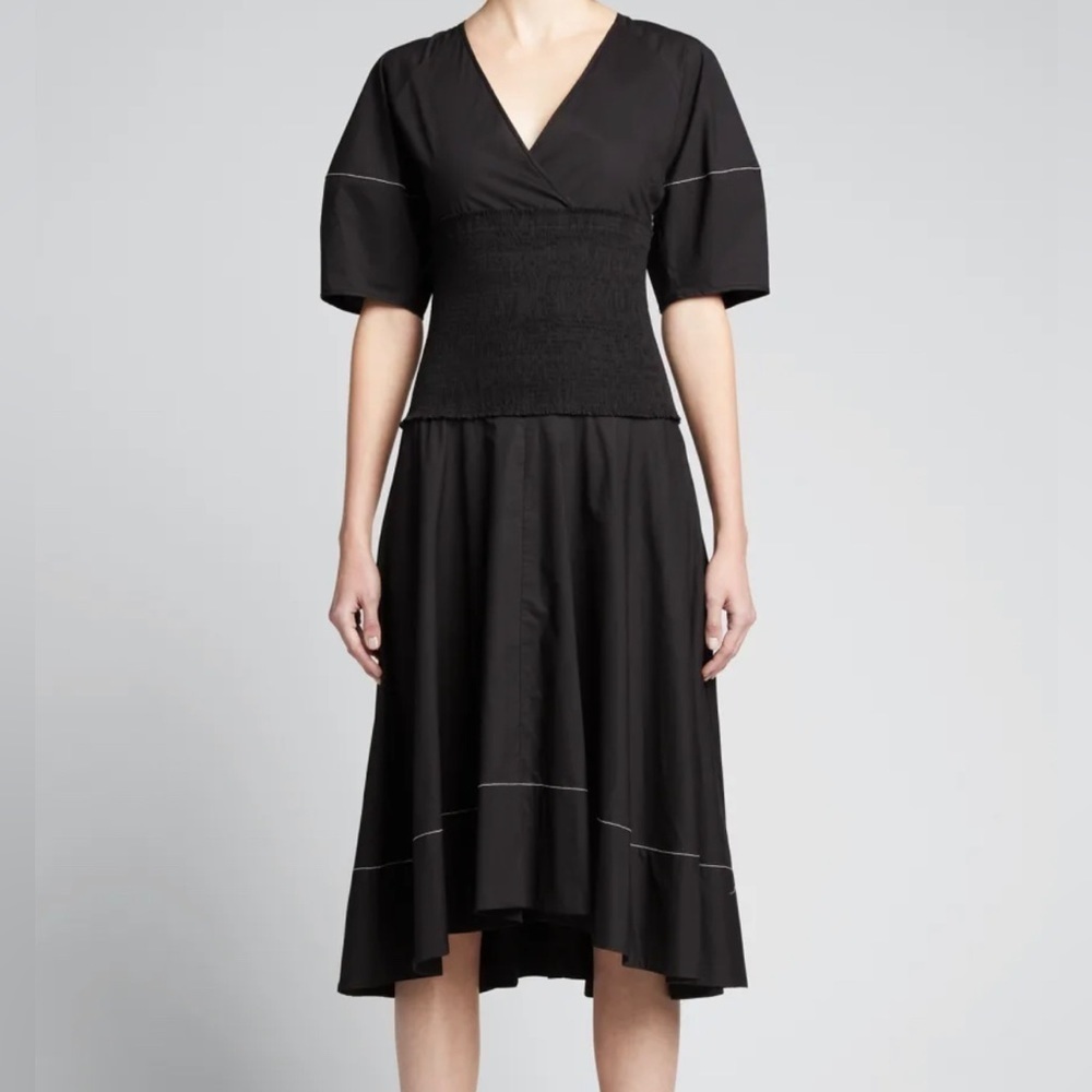 Black V-Neck Smocked Waist Midi Dress